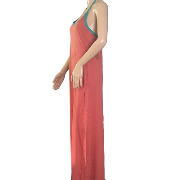 Threads 4 Thought T-Back Halter Maxi Dress Rusty Pink w Turquoise Trim MED - Picture 8 of 15